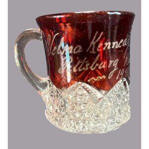 Ruby-Stained Pressed Glass Souvenir Mug GDS 39 Duncan Button Arches 1907 Etching